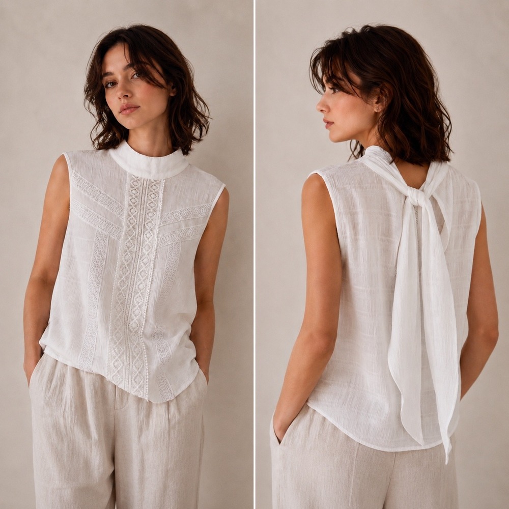 Sleeveless White Tie-Back Lace Panel Blouse